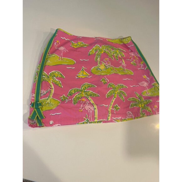 Lilly Pulitzer Flamingo & Palm Print Pink Mini Skirt W/ Green Ribbon Tie Detail - Picture 1 of 6